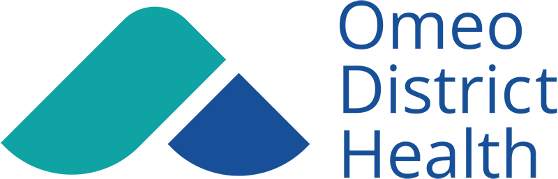 Green and blue geometric mountain icon with the words 'Omeo District Health'