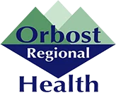 Triangular shape representing mountains and water with 'Orbost Regional Health'