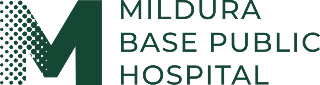 Large green M, pixelated on left and solid on right, wording reads 'Mildura Base Public Hospital'