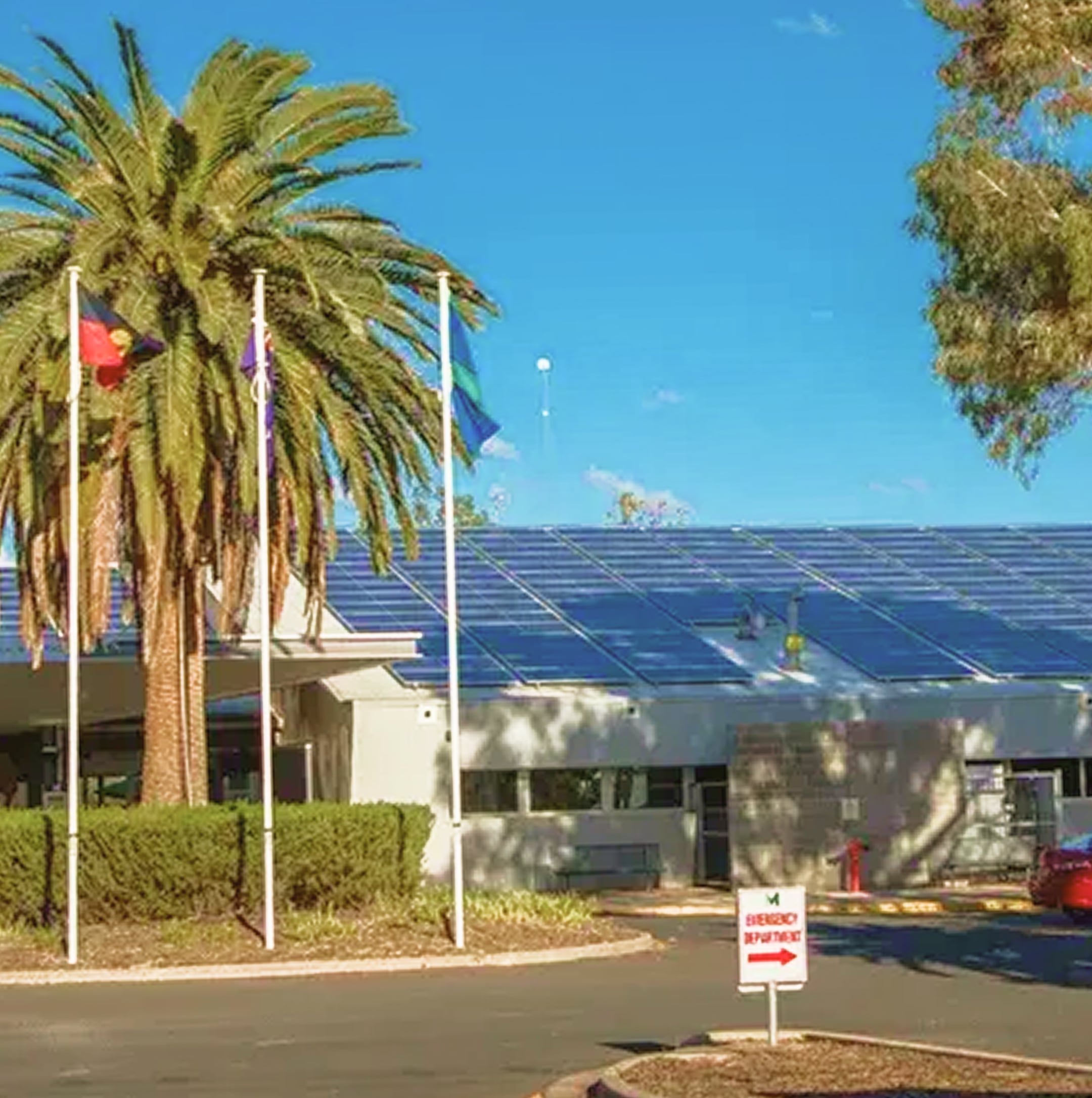 A building with a solar panelled roof, three flagpoles, palm trees, and a sign indicating the accident and emergency department in front stands under a clear blue sky in the heart of the Loddon-Mallee Region.
