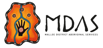 An Indigenous Australian handprint graphic with: MDAS Mallee District Aboriginal Services